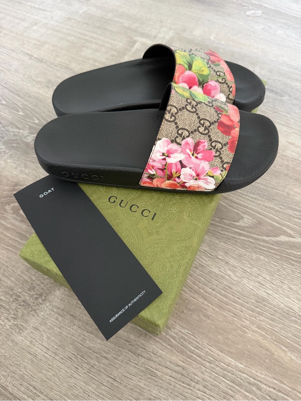 Gucci Black Slides with Floral GG Canvas Strap